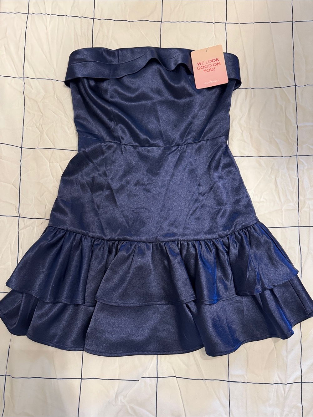 Hello Molly Navy Satin Strapless Ruffle Mini Dress
